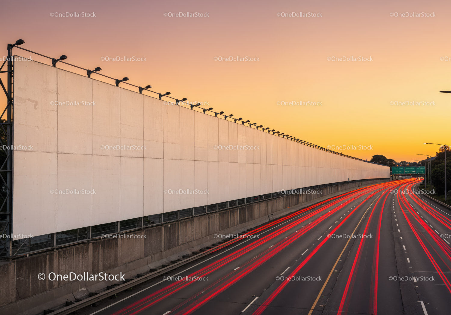 Highway at Dusk with Light Trails and Sunset Sky