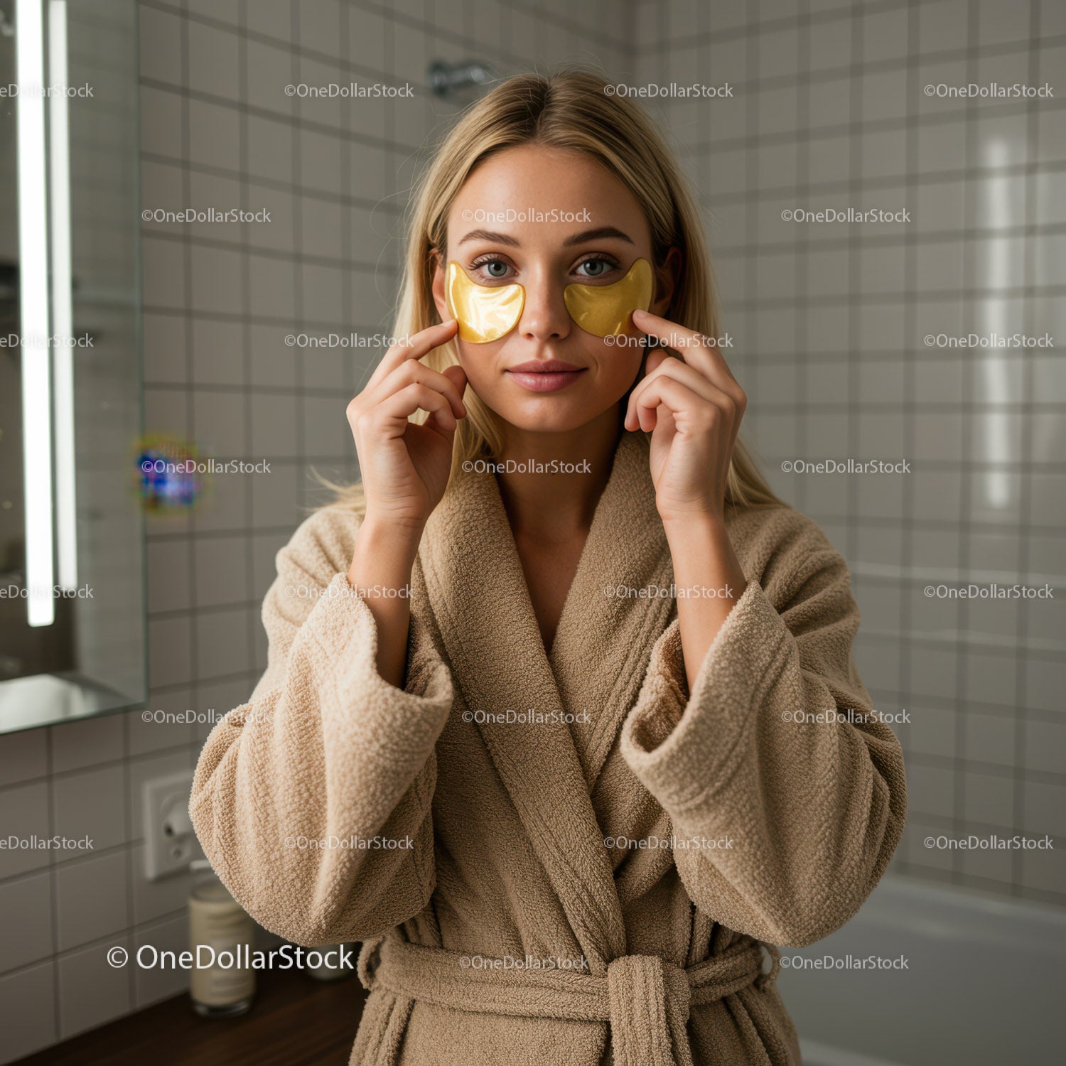 Woman Applying Gel Facial Masks in Bathroom for Skincare Routine