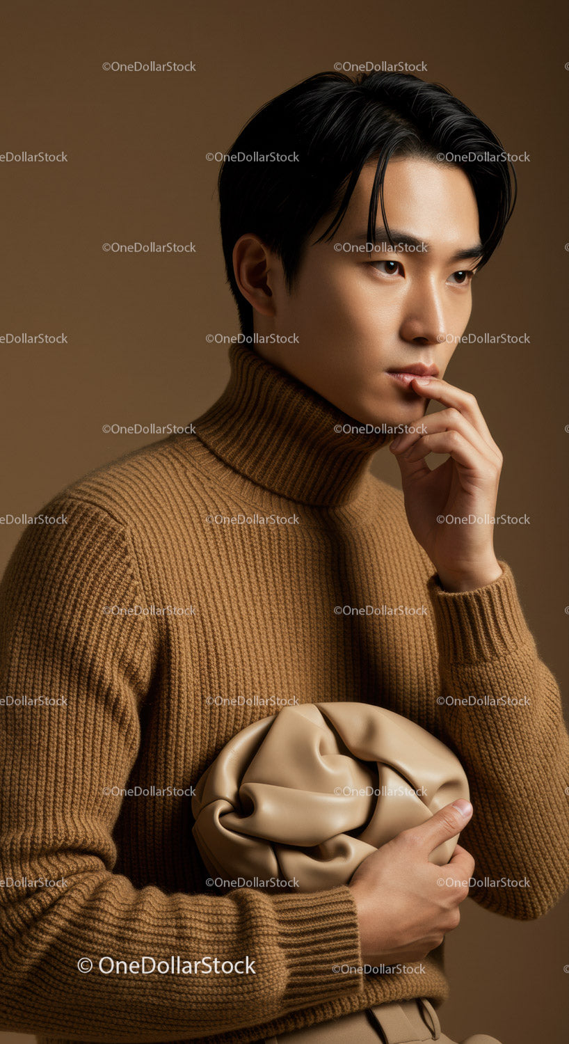 Elegant Male Model in Brown Turtleneck with Beige Handbag Studio Portrait