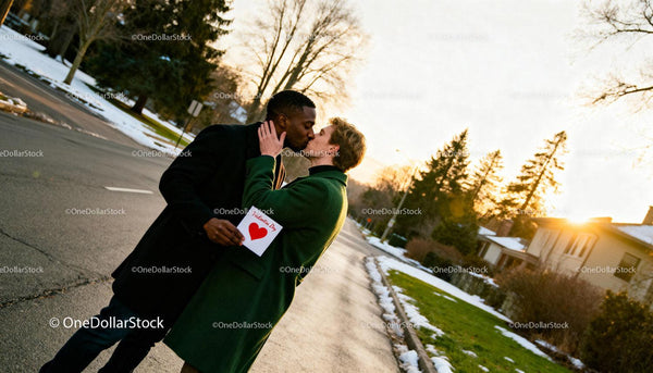 Couple sharing a tender kiss on snowy valentines evening