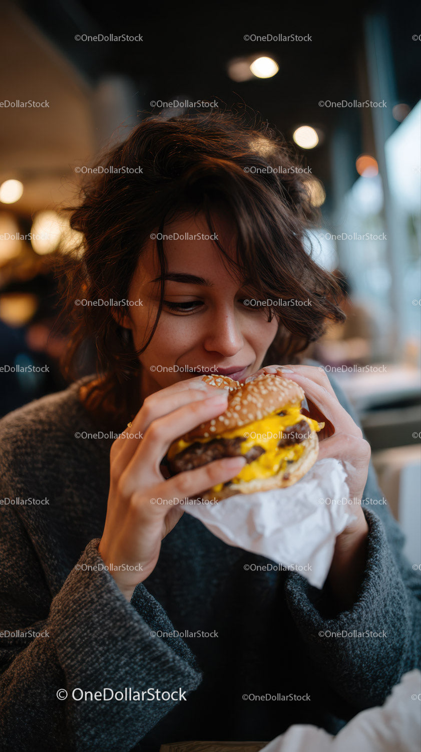 Young Woman Enjoying Delicious Cheeseburger in Casual Dining Scene