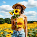 Cheerful Woman with Sunflowers in a Vibrant Summer Field