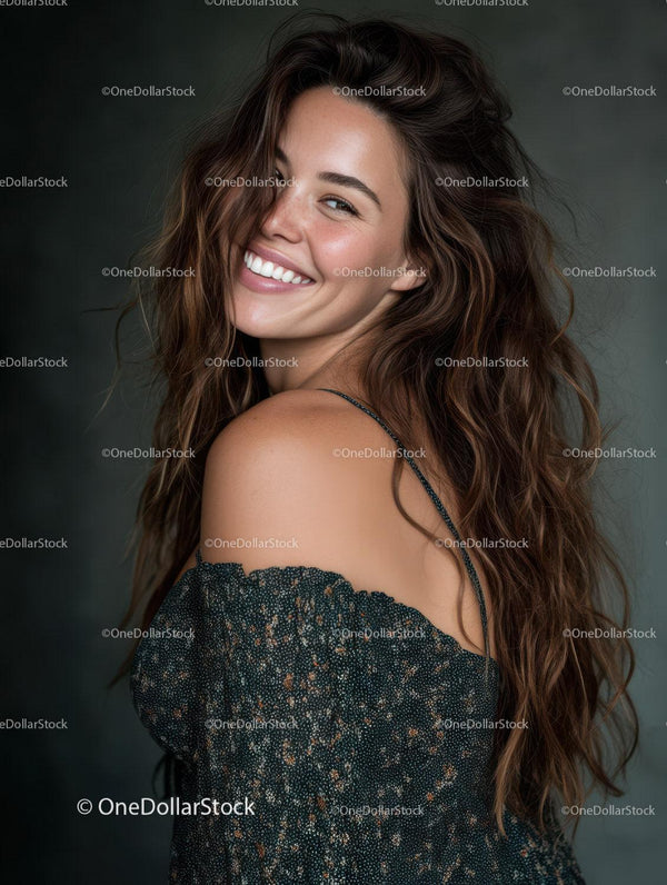 Happy Woman with Brown Wavy Hair in Black Dress