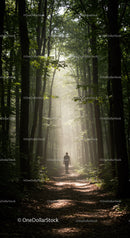 Solitary hiker walking through sunlit forest path