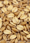 Close up of rye grains and rye flakes texture