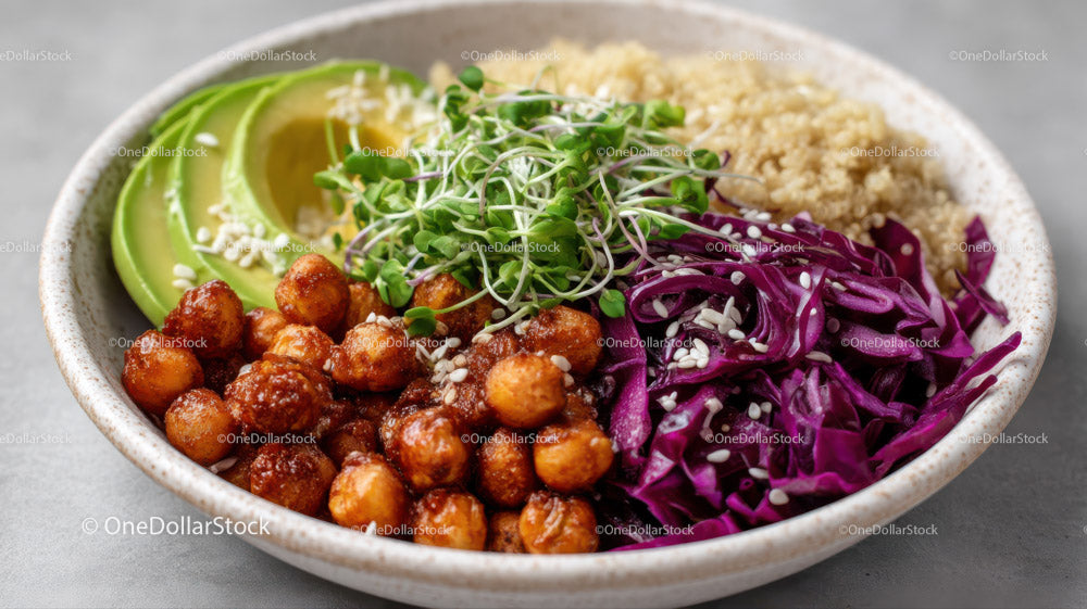 Vegetarian Bowl with Chickpeas Quinoa Purple Cabbage and Avocado