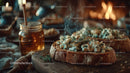 Rustic Toast with Blue Cheese and Fresh Herbs on Wooden Board