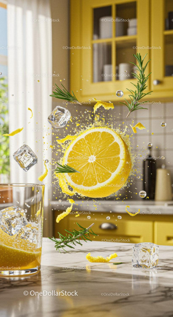 Fresh lemon splash with rosemary and ice cubes