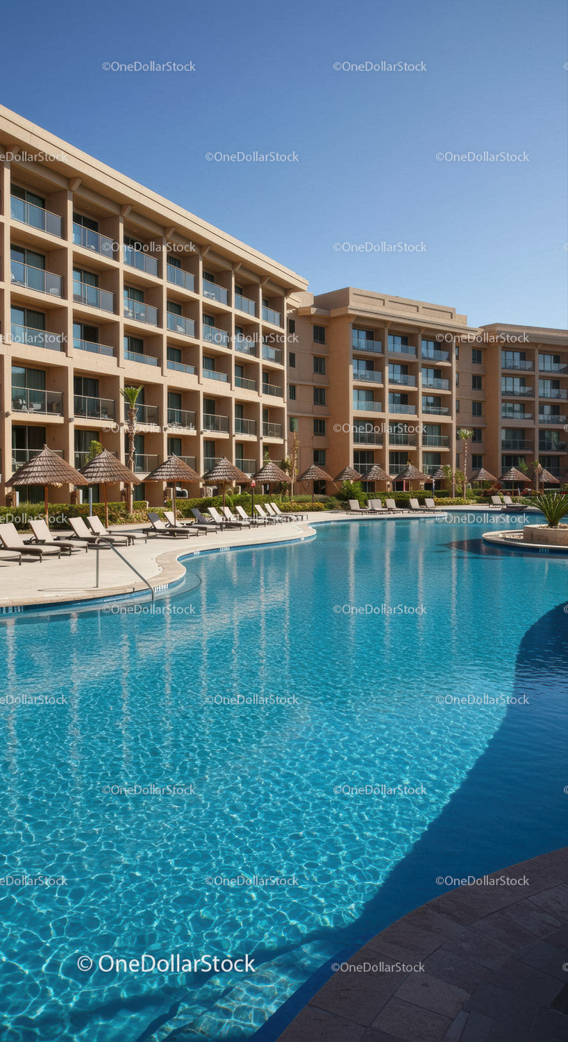 Luksusowy hotel z malowniczym basenem i leżakami