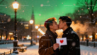 Couple sharing a tender kiss in snowy park at night