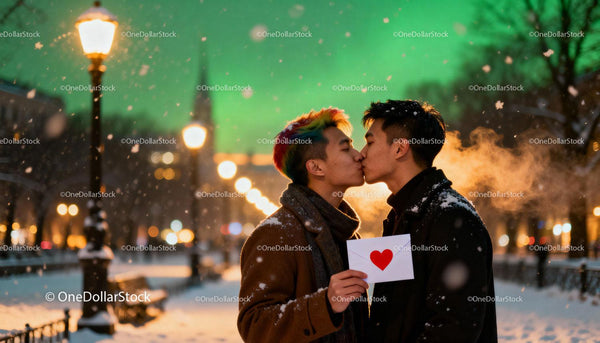 Couple sharing a tender kiss in snowy park at night