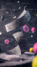 Crushed Charcoal Fragments with Colorful Spheres in Dynamic Abstract Scene