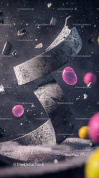 Crushed Charcoal Fragments with Colorful Spheres in Dynamic Abstract Scene
