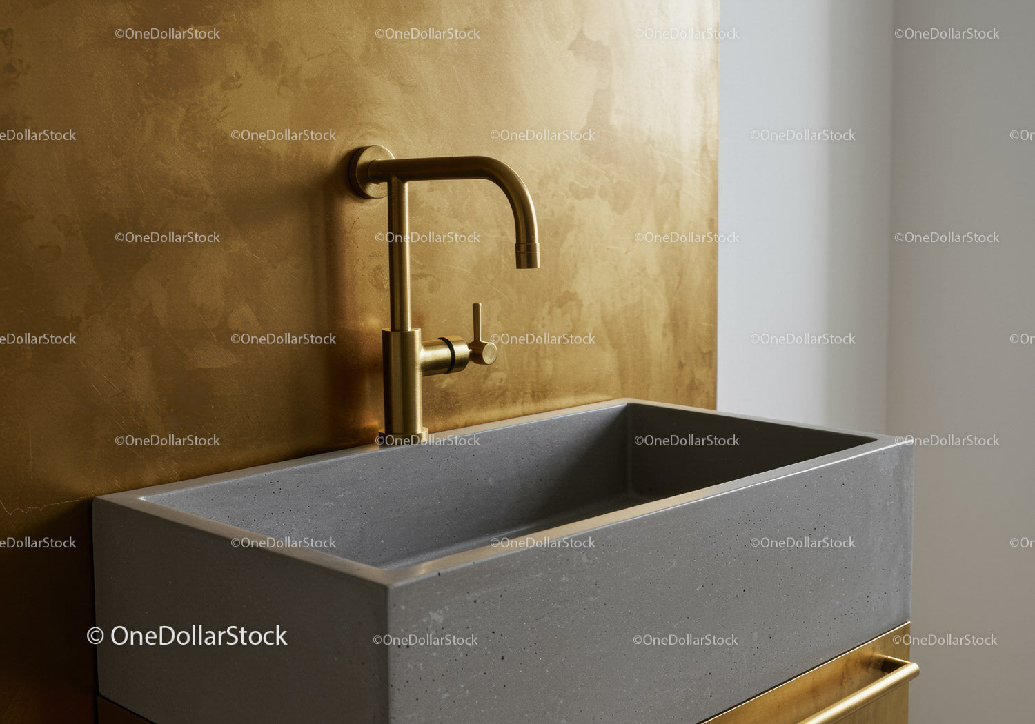 Concrete Bathroom Sink with Gold Faucet and Wall-Mounted Design