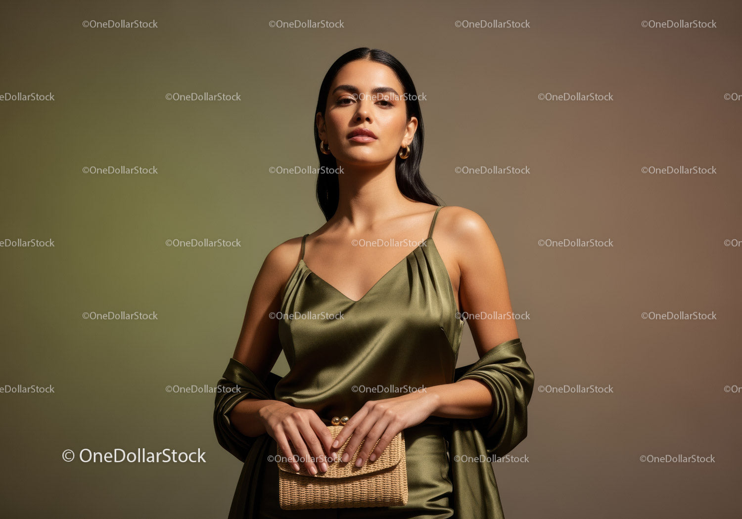 Elegant Woman in Satin Dress with Accessories in Studio Lighting