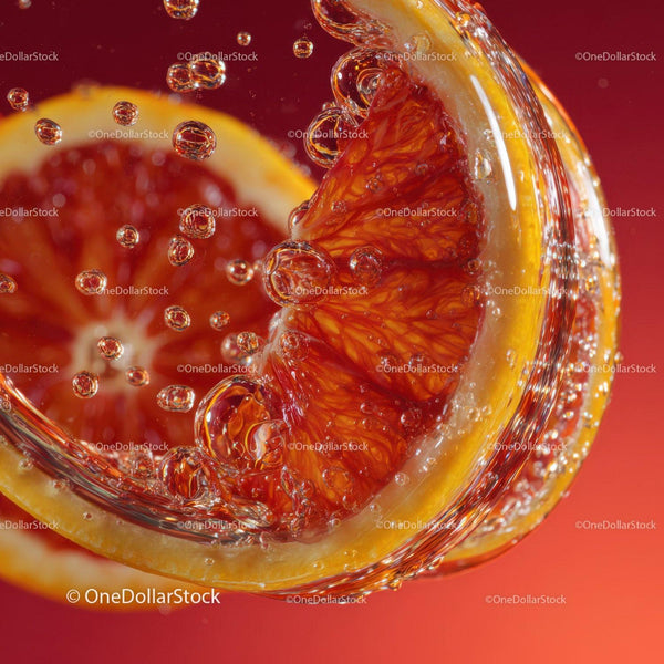 Close-up of Blood Orange Slices with Bubbles in Refreshing Water
