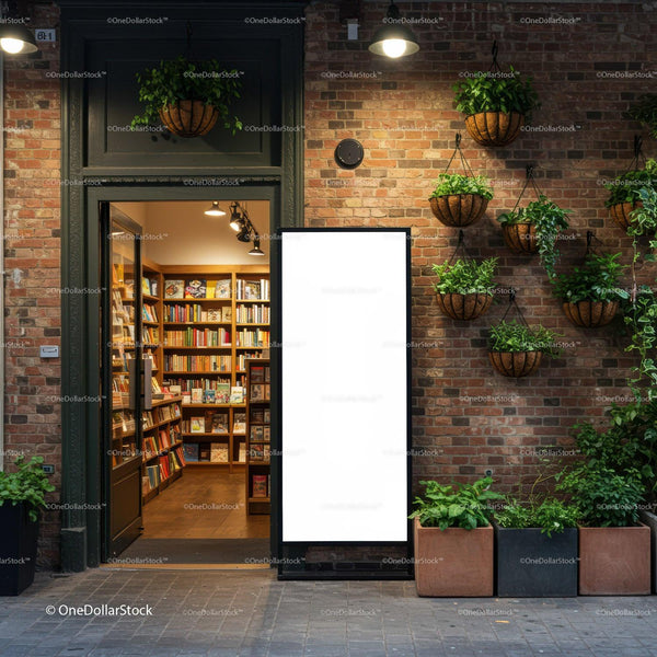 Cozy bookstore entrance with lush green plants and signage JPG Mockup Image