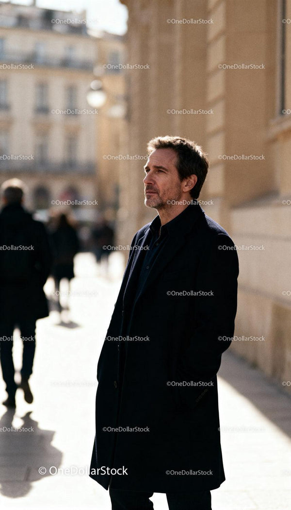 Pensive mature man walking through historic city street