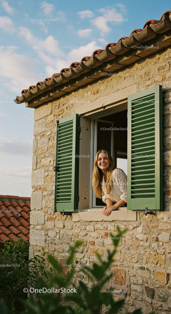 Smiling Woman by a Rustic Window with Green Shutters