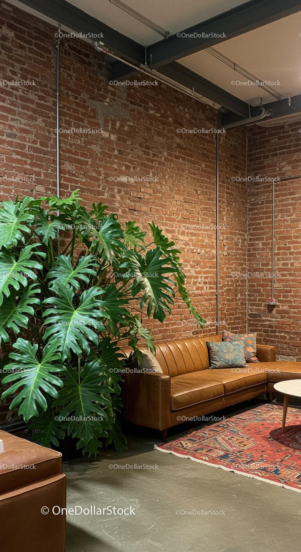 Stylish Lounge with Large Monstera Plant and Leather Couch in Modern Industrial Space