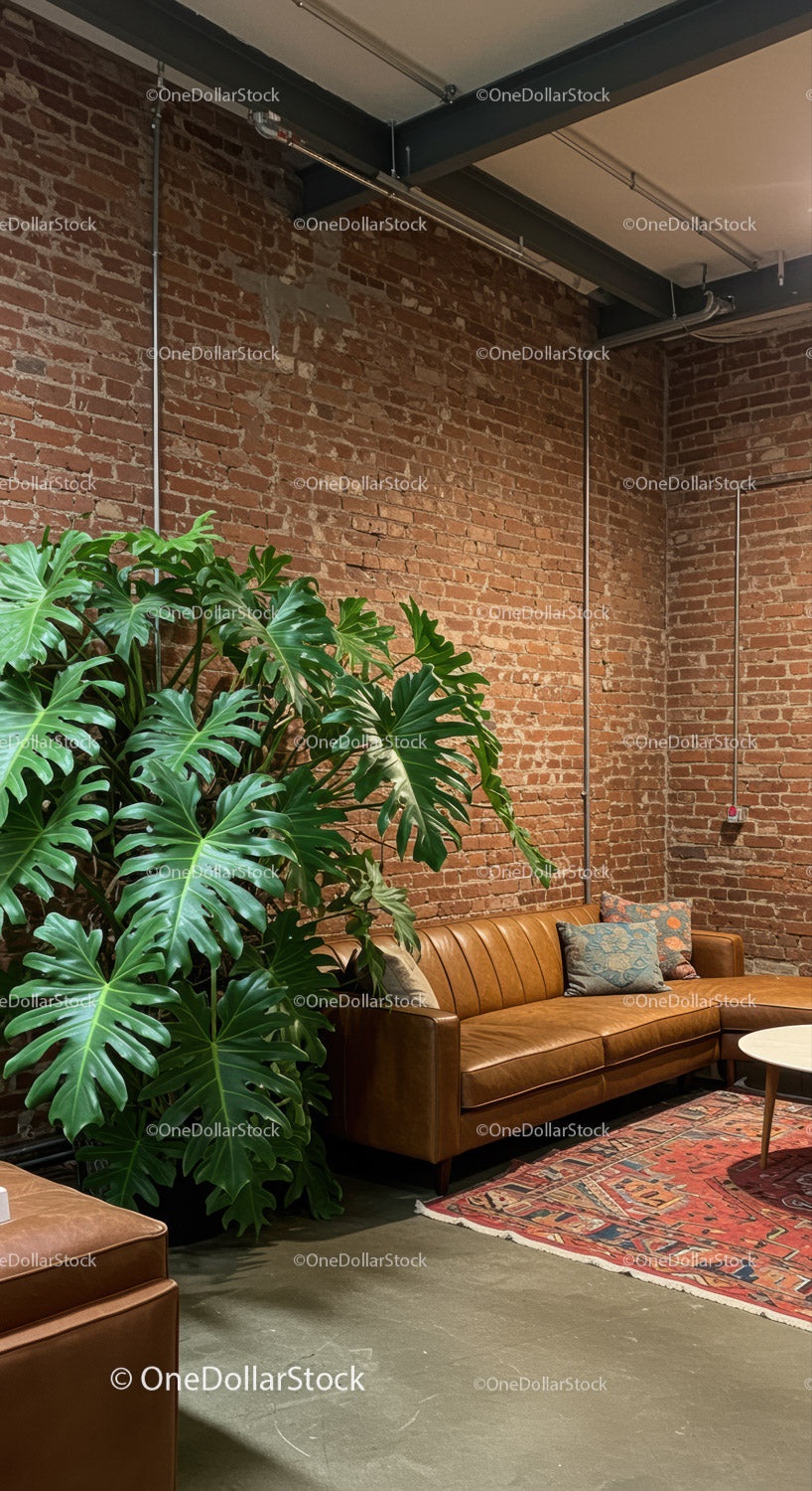 Stylish Lounge with Large Monstera Plant and Leather Couch in Modern Industrial Space
