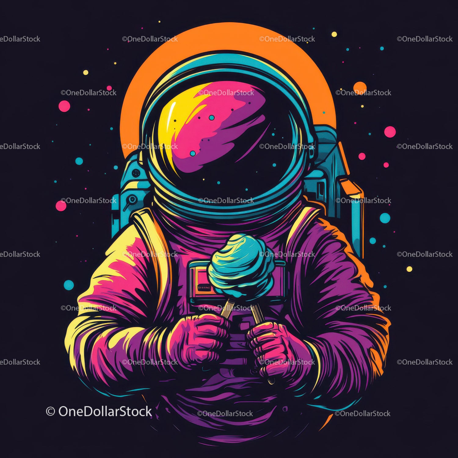 Colorful Astronaut Holding Ice Cream in Space with Galaxy Reflection