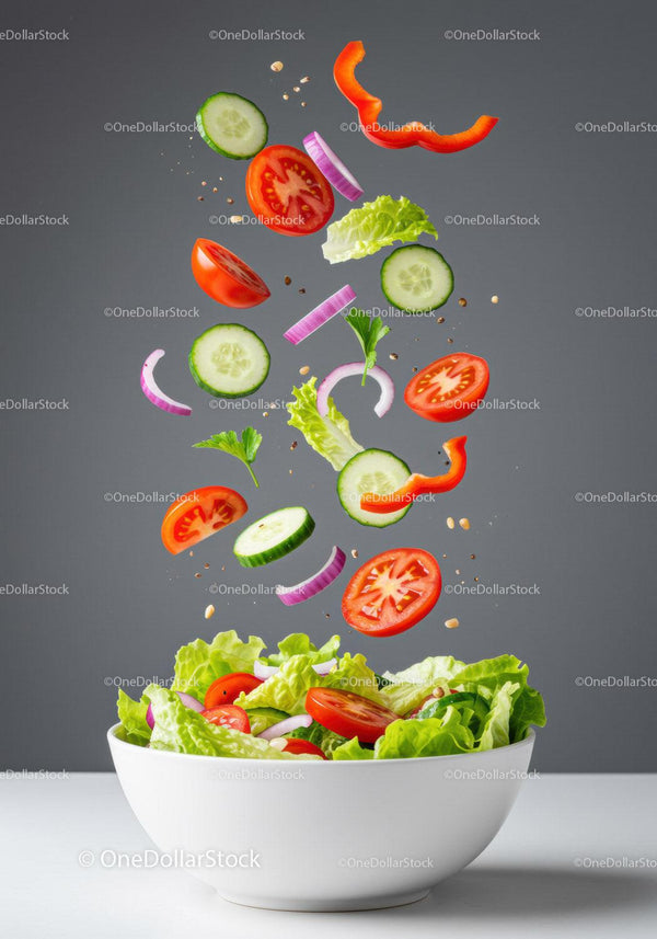 Fresh vegetable salad ingredients suspended above bowl