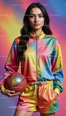 Vibrant Female Athlete in Colorful Sportswear Holding a Basketball