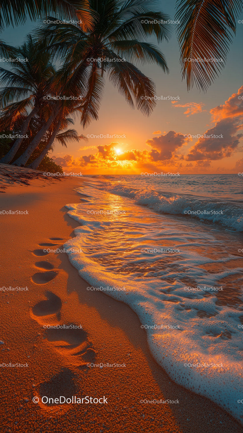 Sunset over Tropical Beach with Palm Trees and Footprints