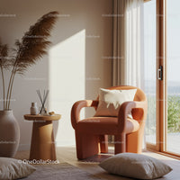 Cozy modern armchair next to sunny window with decor