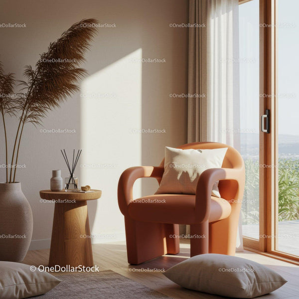 Cozy modern armchair next to sunny window with decor