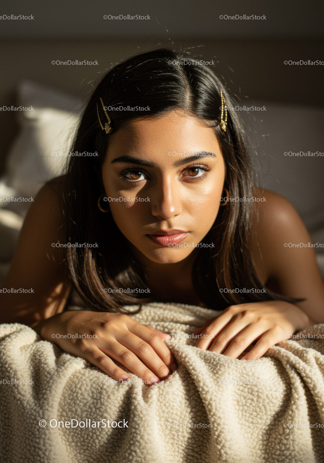Portrait of a Young Woman with Brown Eyes and Dark Hair in Cozy Setting
