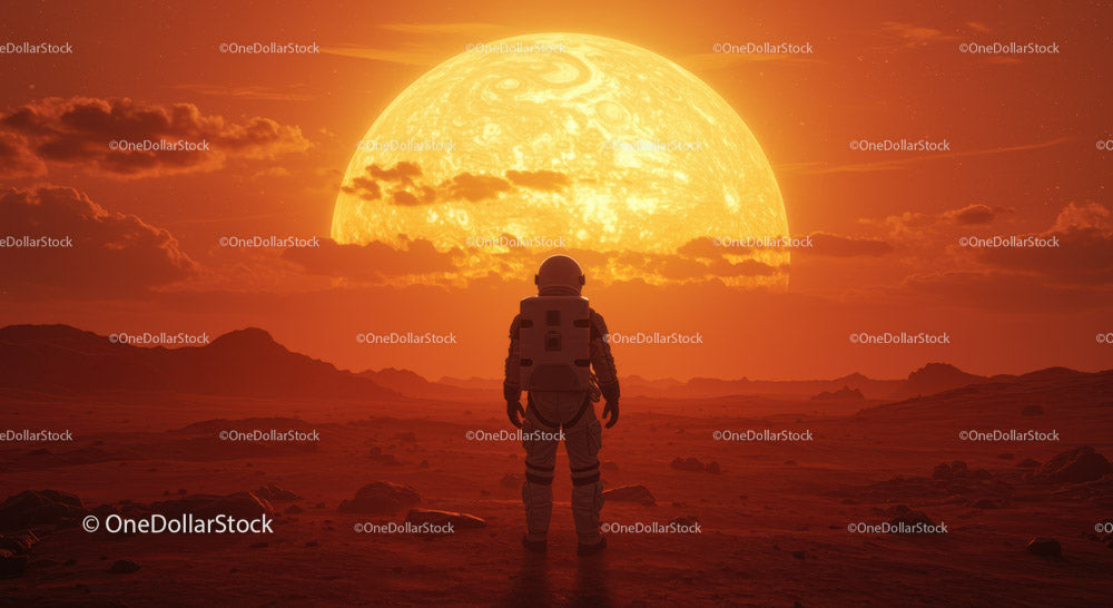 Astronauta na Czerwonej Planecie zwrócony twarzą w stronę ogromnego Słońca w futurystycznym krajobrazie