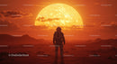 Astronaut on a Red Planet Facing a Massive Sun in a Futuristic Landscape