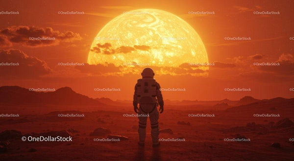 Astronaut on a Red Planet Facing a Massive Sun in a Futuristic Landscape