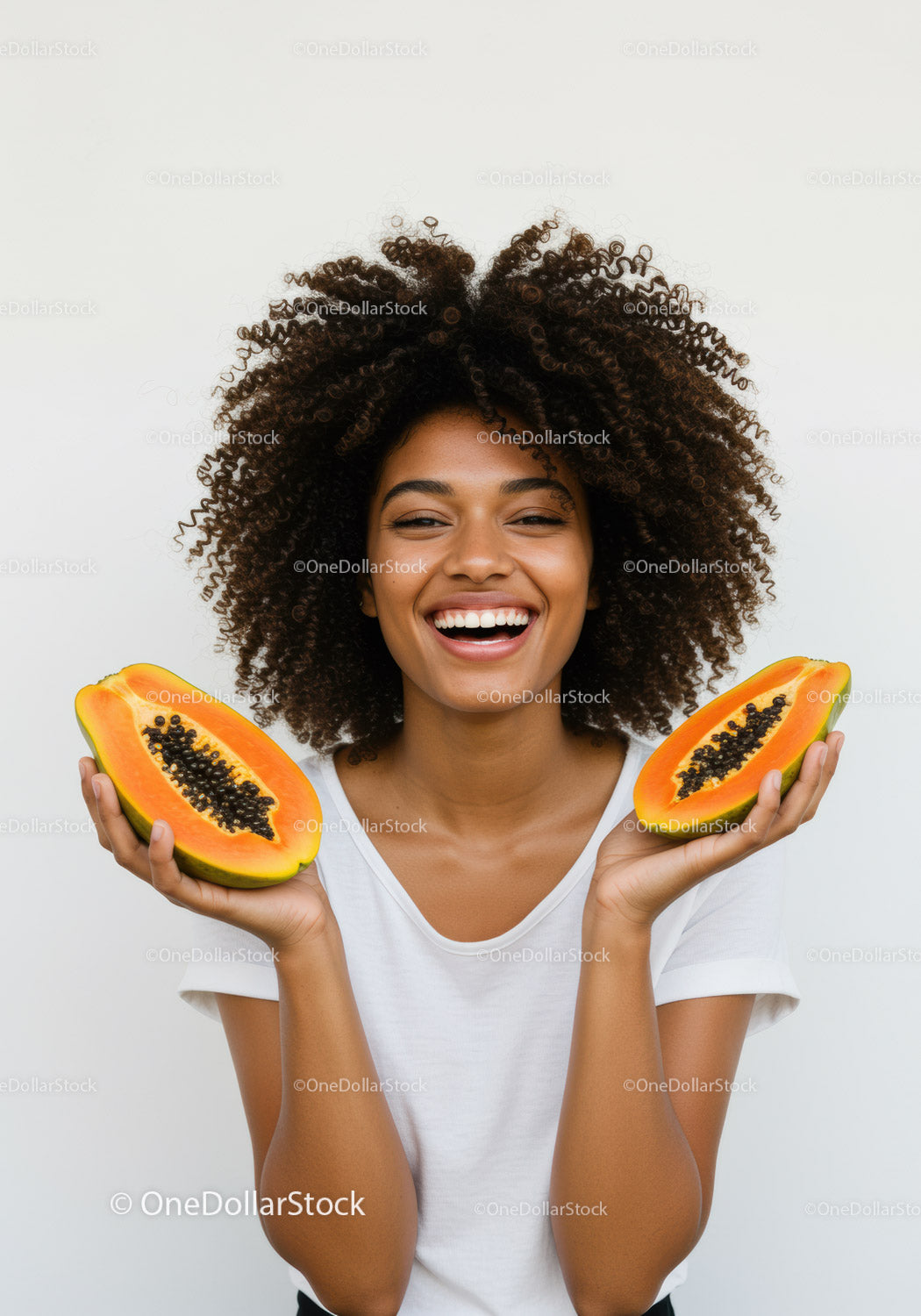 Joyful Woman Holding Fresh Papayas with Bright Smile