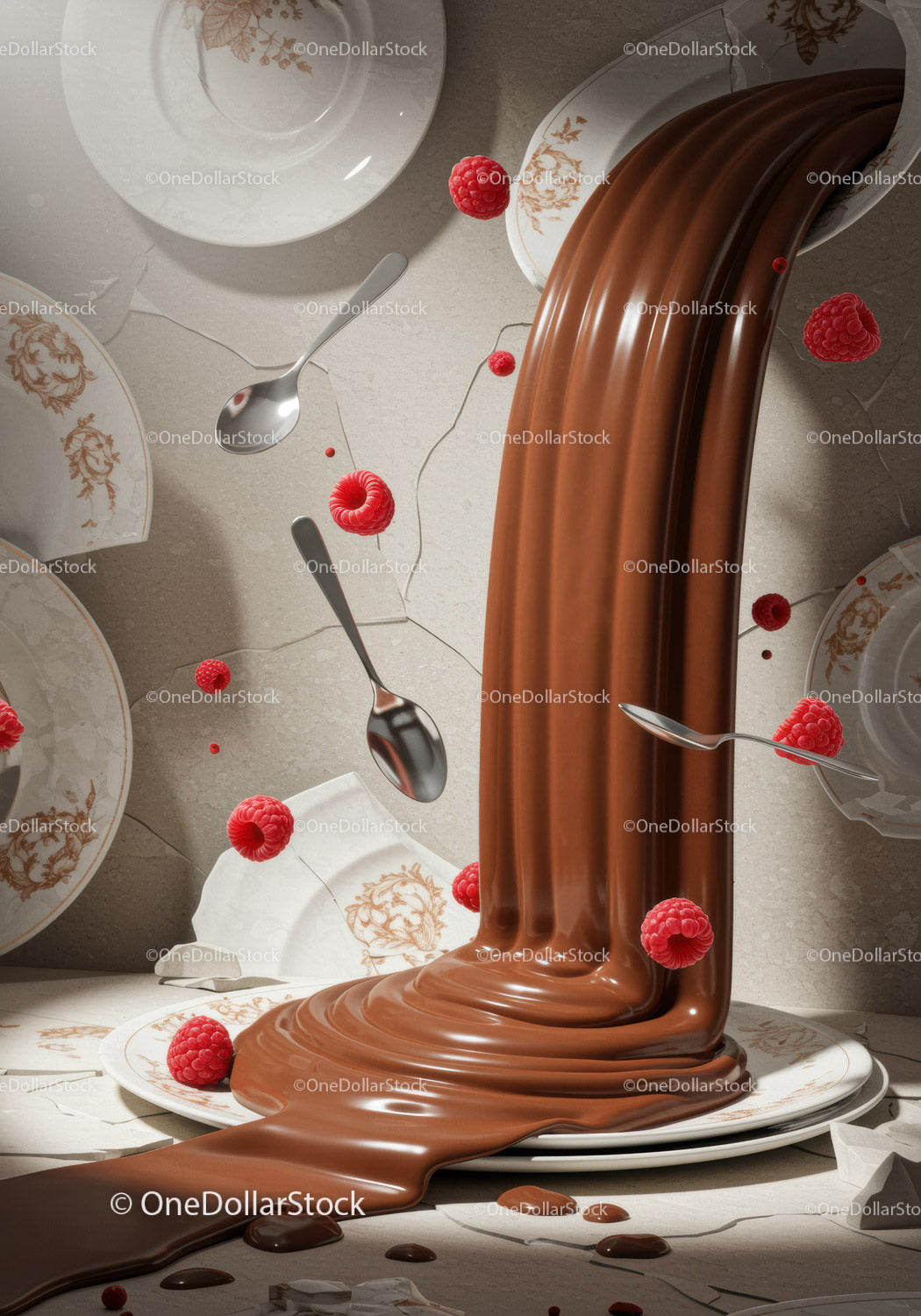 Flowing chocolate with floating raspberries and spoons