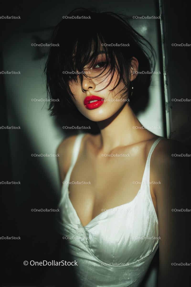 Elegant Woman with Red Lips in Stylish Evening Dress