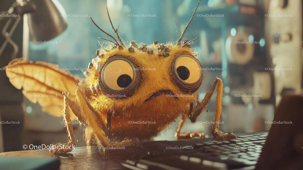 Cute Fuzzy Insect With Big Eyes On Keyboard