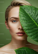 Elegant Female Portrait with Large Green Leaf and Water Droplets