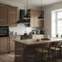 Modern Kitchen with Wooden Cabinets and Black Pendant Lights