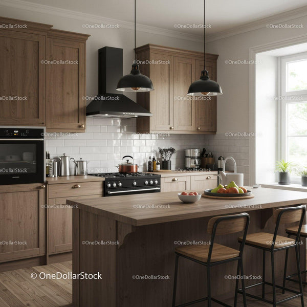 Modern Kitchen with Wooden Cabinets and Black Pendant Lights