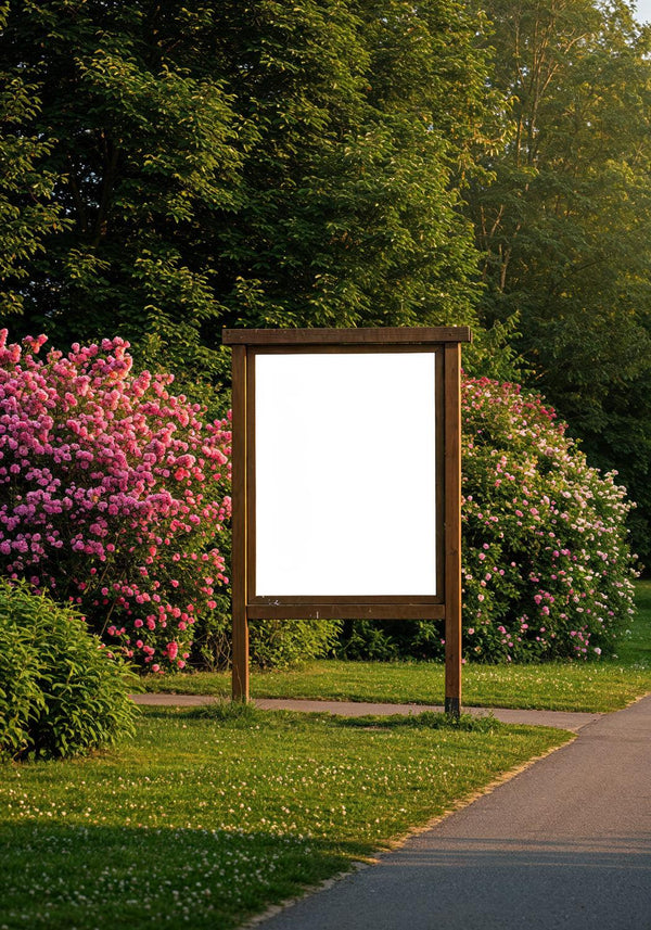 Wooden Frame Sign Among Blooming Pink Rose Bushes JPG Mockup Image