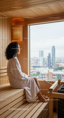 Relaxing Woman Sitting in Sauna with City View in Modern Wellness Center