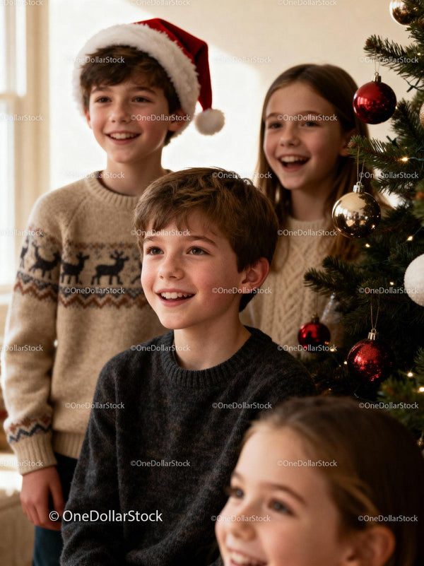 Smiling children gathered near decorated Christmas tree
