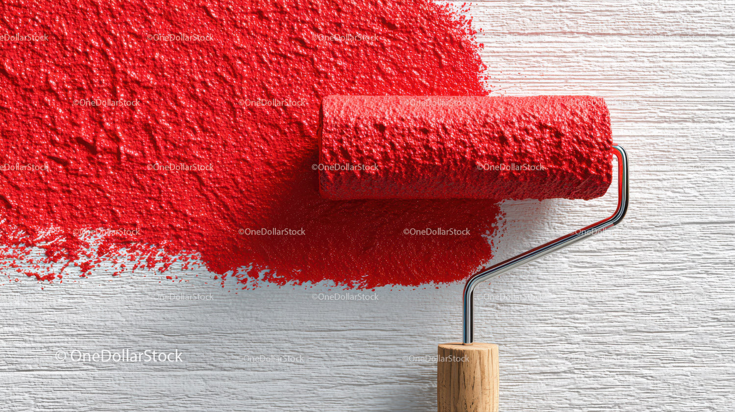 Red Paint Being Applied with a Roller on Wall Surface