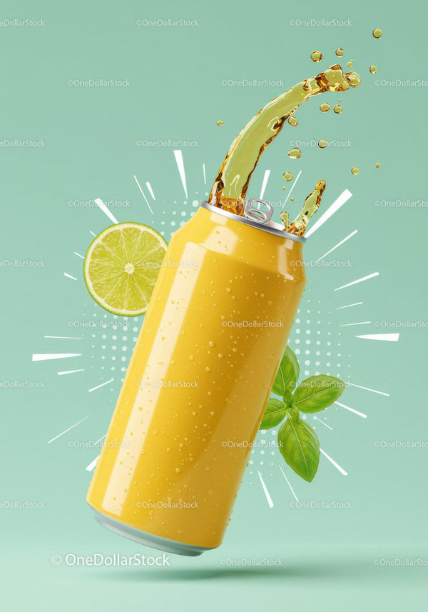 Refreshing Citrus Drink Splash from Yellow Can JPG Mockup Image
