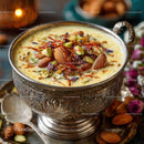 Decorative Saffron Almond and Pistachio Indian Dessert in Silver Bowl