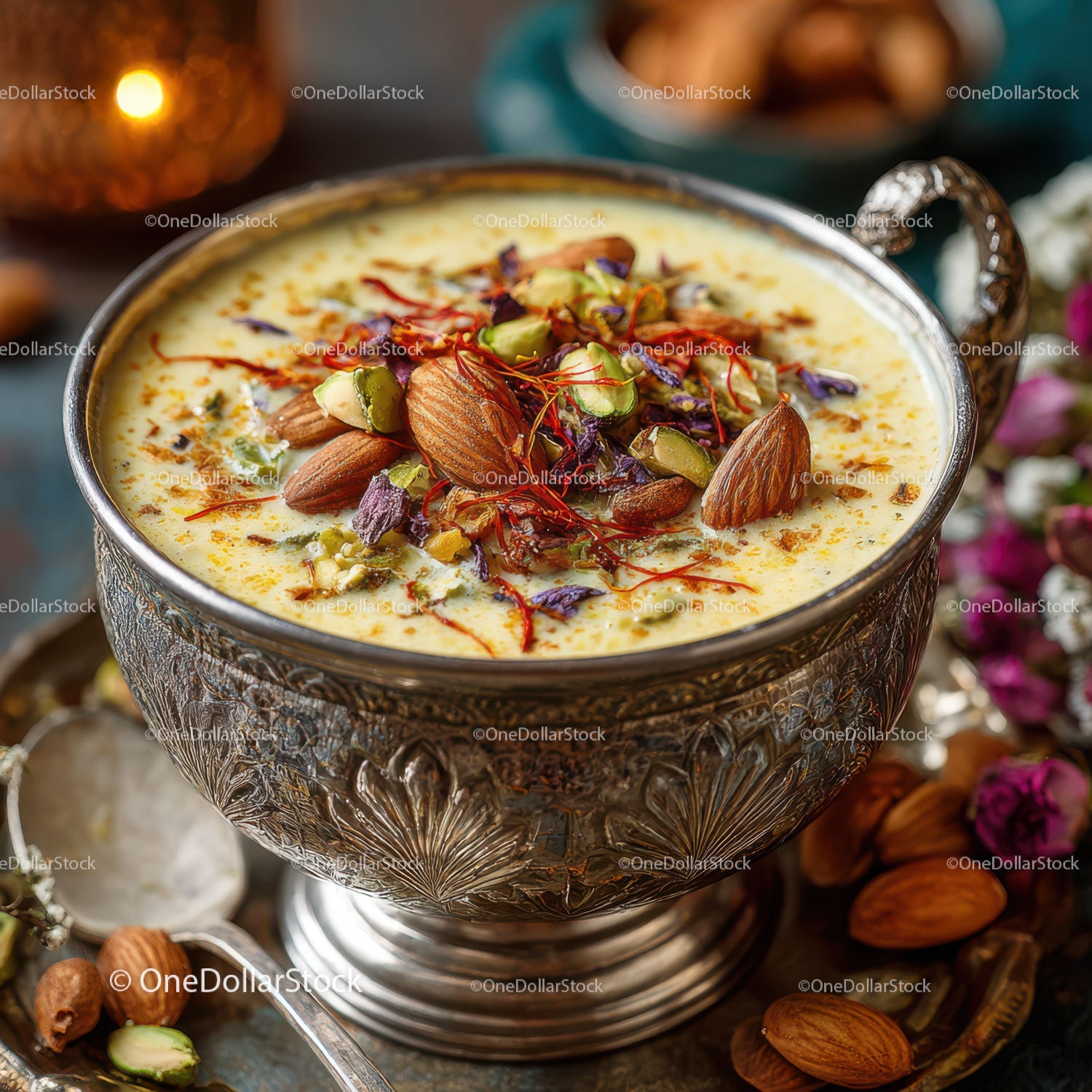 Decorative Saffron Almond and Pistachio Indian Dessert in Silver Bowl
