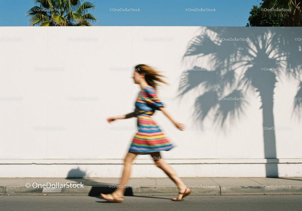Motion blur of woman walking past white wall and palm tree JPG Mockup Image